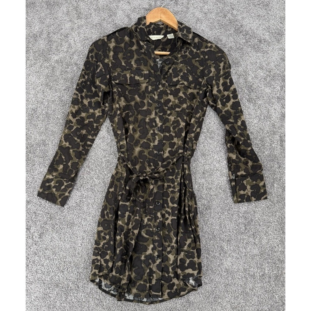 NWOT 11-1-TYLHO Leopard Print Shirt Dress XS Tie Waist Safari Utility Rayon